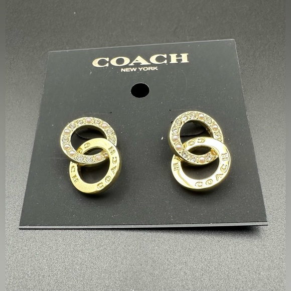 Coach Gold Interlocking C Earrings Crystal Pearl Accents - Picture 2 of 5
